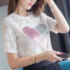 Set: Sequined Heart Short-sleeve Lace Top + Camisole Top