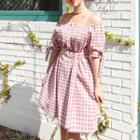 Off-shoulder Checked Minidress With Sash