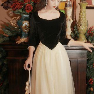 Two-tone Mesh Panel Midi A-line Dress
