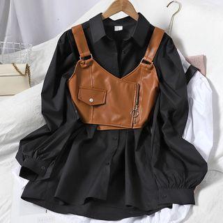 Set: Plain Shirt + Faux Leather Zip Cropped Camisole Top