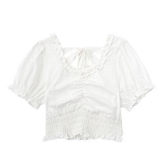 Short-sleeve Shirred Frill Trim Crop Top