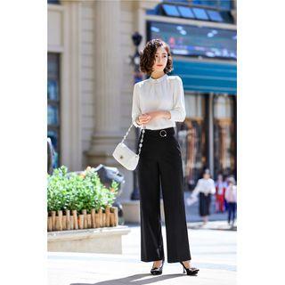3/4-sleeve Shirred Chiffon Blouse / Wide Leg Pants