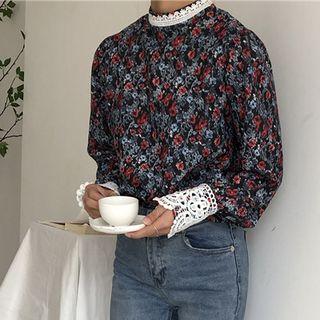 Stand Collar Floral Print Blouse As Shown In Figure - One Size
