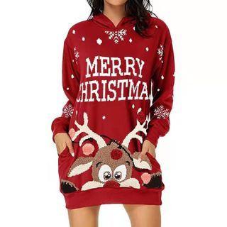 Reindeer Print Hooded Mini Sweater Dress
