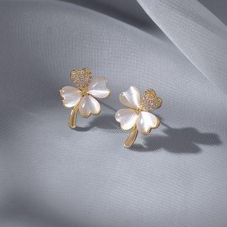 Sterling Silver Cat Eye Stone Clover Stud Earring 1 Pair - 925 Silver Needle - Gold - One Size