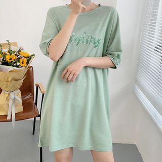 Elbow-sleeve Sequined Lettering Mini T-shirt Dress