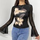 Butterfly Printed Round Neck See Through Long Belt Sleeve Top