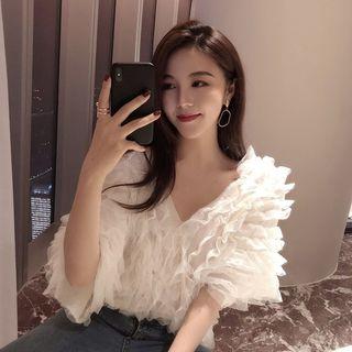 Elbow-sleeve V-neck Frill Trim Chiffon Top