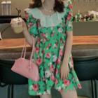 Short-sleeve Flower Print Mini A-line Dress Pink Flowers - Green - One Size