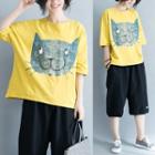 Cat Print Elbow-sleeve T-shirt Yellow - One Size