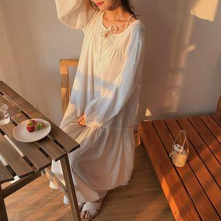Plain Long-sleeve Midi Dress White - One Size