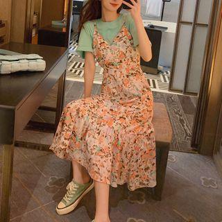 Lettering Short-sleeve Cropped T-shirt / Spaghetti Strap Floral Midi A-line Dress
