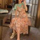 Lettering Short-sleeve Cropped T-shirt / Spaghetti Strap Floral Midi A-line Dress