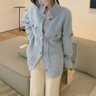 Mock-neck Plain Button-up Knit Sweater Sky Blue - One Size