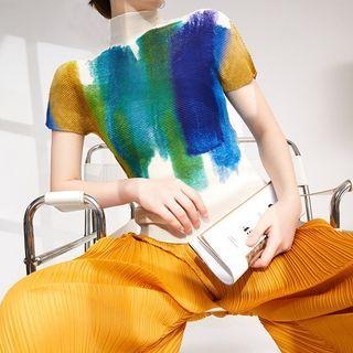 Short-sleeve Mock-neck Colour Block Top Green - One Size