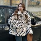 Leopard Print Fluffy Jacket Black Leopard - White - One Size