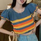 Short-sleeve Striped Knit Top Stripe - Blue & Yellow & Orange - One Size