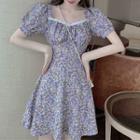 Short Sleeve Lace Trim Square Neck Floral Chiffon Dress