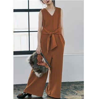 Plain V-neck Wide Leg Jumpsuit