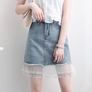 Lace Trim Denim Mini Pencil Skirt