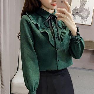 Tie-neck Ruffle-trim Corduroy Shirt