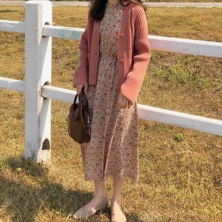 Long-sleeve Floral Printed Midi Dress / Long-sleeve Plain Knit Cardigan