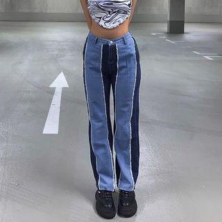 Paneled Frayed Straight Leg Jeans