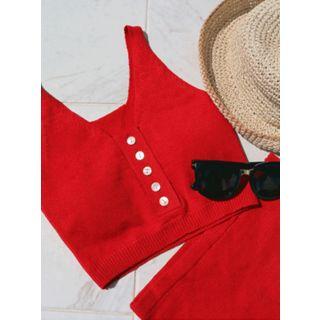 Buttoned-neck Knit Bikini Set