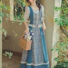 Set: Elbow-sleeve Floral Panel Top + Maxi A-line Skirt + Head Band