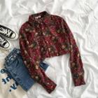 Long-sleeve Floral Printed Corduroy Shirt Red - One Size