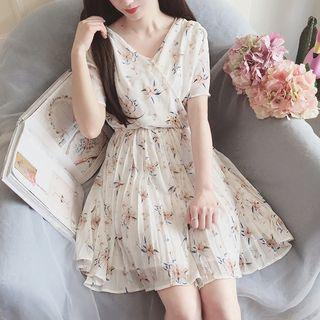 Floral Print Short Sleeve Pleated Chiffon Dress