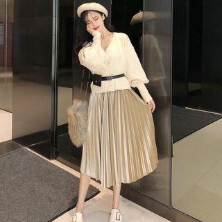 Double Breasted Cardigan / Strappy Midi Pleated Dress / Set