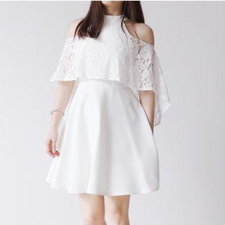 Lace Trim Cut Out Shoulder Elbow Sleeve Dress
