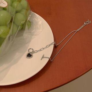 Heart Pendant Stainless Steel Necklace Silver & Black - One Size