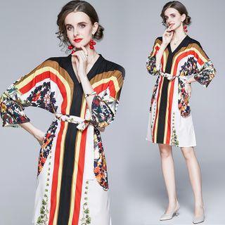 Color Block Floral V-neck A-line Dress