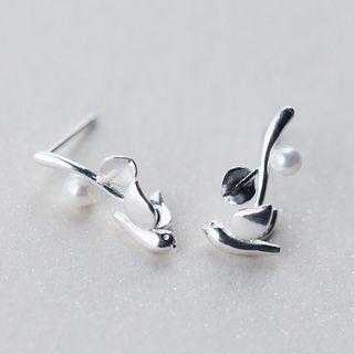 925 Sterling Silver Bird Freshwater Pearl Stud Earrings