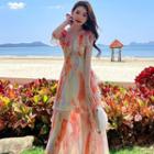 Short-sleeve Ruffled Tie-dyed Midi A-line Dress