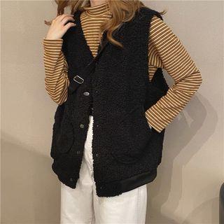 V-neck Plain Faux Shearling Button-up Oversize Vest