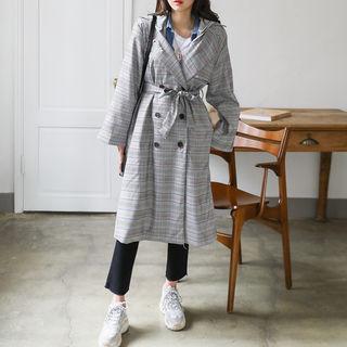 Hooded Plaid Trench Coat With Sash