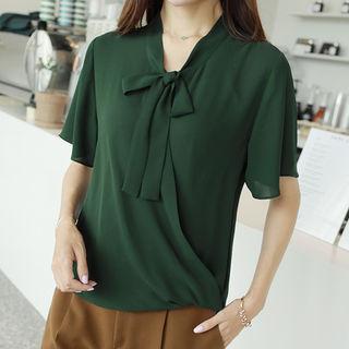 Tie-neck Wrap-front Chiffon Blouse