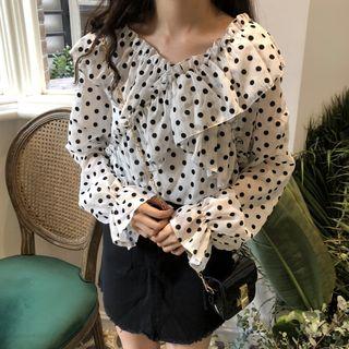 Polka Dot V-neck Ruffle Blouse Polka Dot - One Size