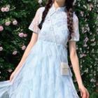 Traditional Chinese Short-sleeve Lace Paneled Ruffled Mesh A-line Midi Dress