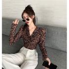 Long-sleeve Leopard Print V-neck Top Leopard - Coffee - One Size