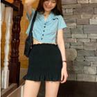 Short-sleeve Patterned Cropped Shirt / Smocked Mini Skirt