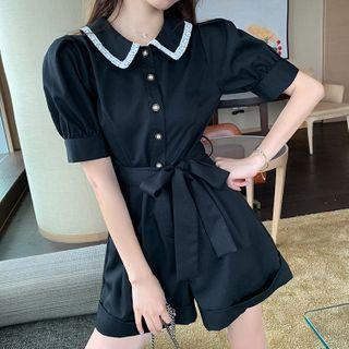 Balloon-sleeve Lace Trim Shirtdress