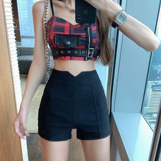 Buckled Cropped Plaid Cropped Camisole Top / High-waist Shorts / Set