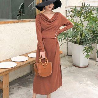Long-sleeve Buttoned Waist Midi Dress