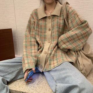 Long-sleeve Collared Plaid Cardigan
