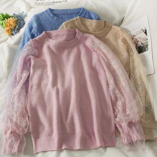 Patchwork Lace-sleeve Light Knit Top In 5 Colors