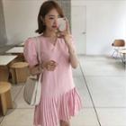 Puff-sleeve Accordion Pleat Mini Dress Pink - One Size